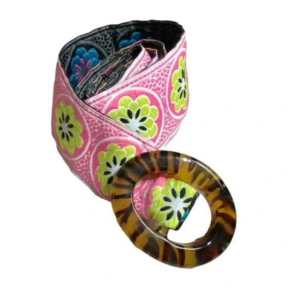 Bohemian pink + blue embroidered reversible belt with turquoise shell buckle L - Picture 5 of 8